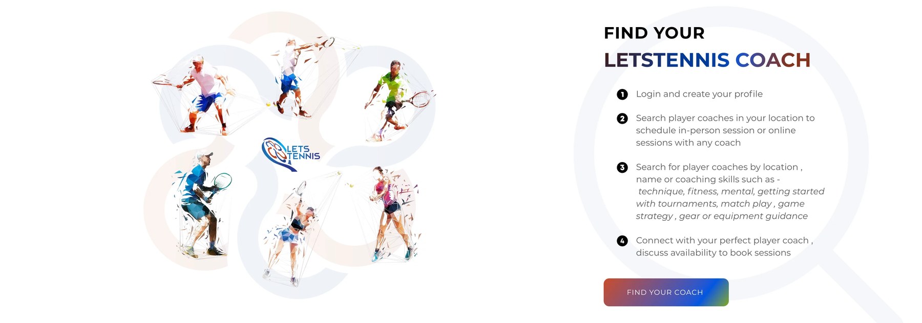 Let's Tennis coach directory flow