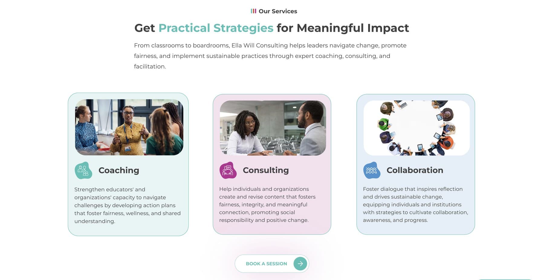 Coaching, consulting, and collaboration, each with its own card and its own promise, under one booking path.