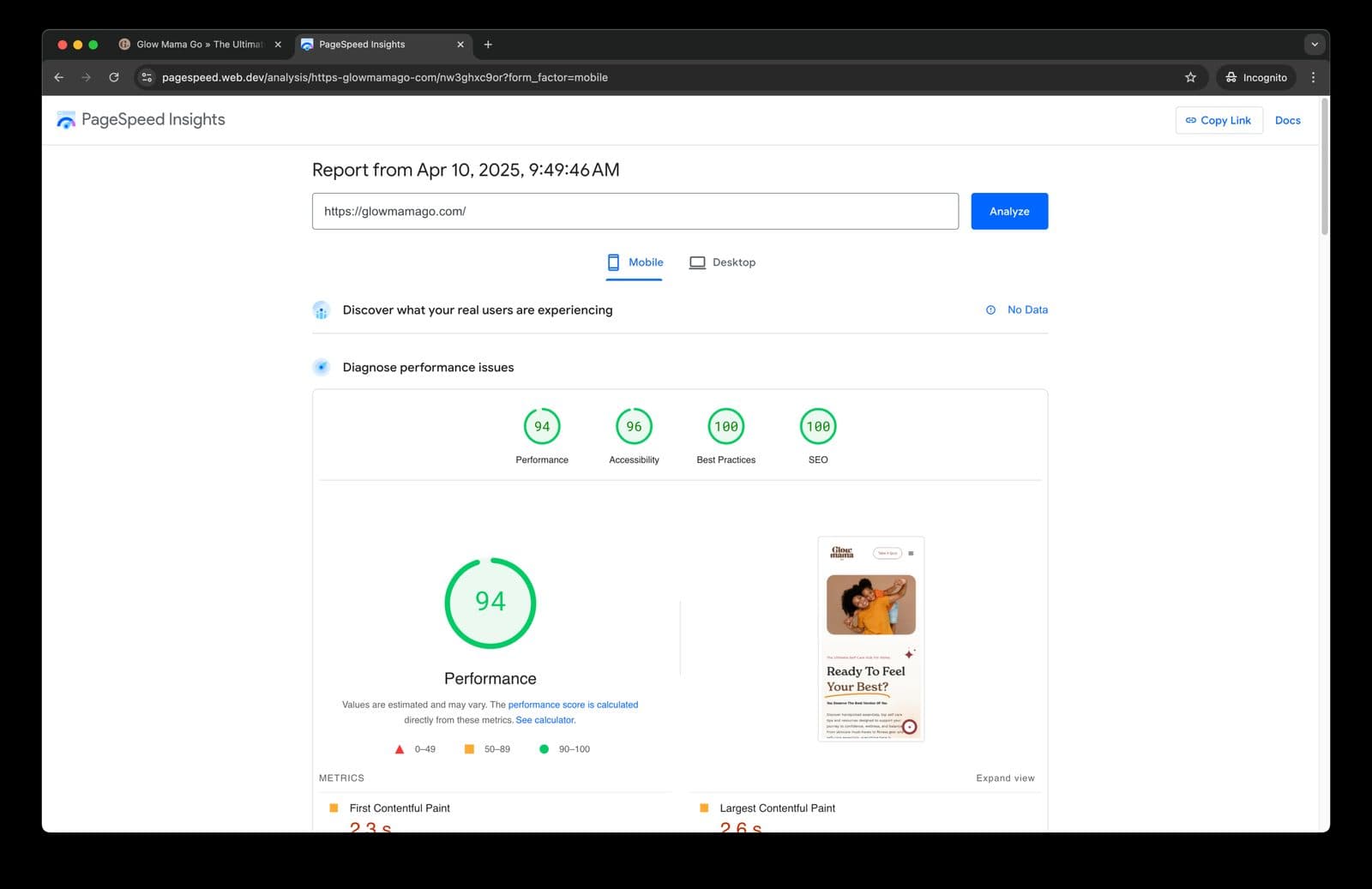 Launch-state PageSpeed report, April 2025: 94 on mobile and 99 on desktop for a store built from scratch on Elementor.
