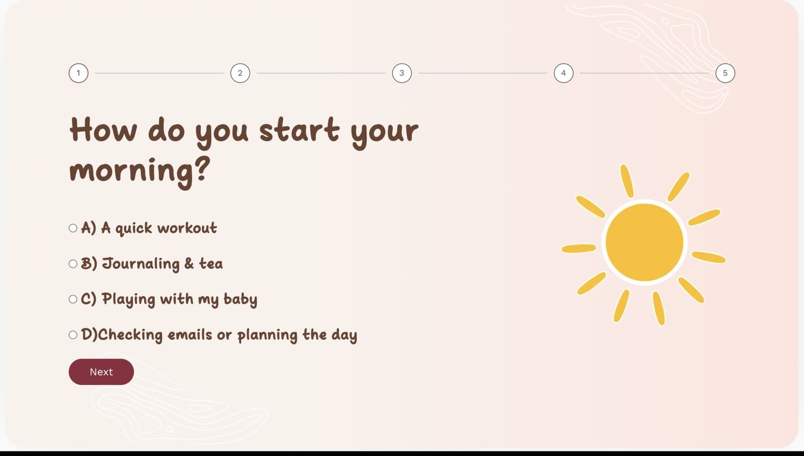 The custom quiz: five questions, one personalized self-care routine, built to recommend rather than to collect email addresses.