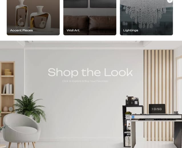 Collections as three doors: Accent Pieces, Wall Art, and Lightings, with the Shop the Look banner below.