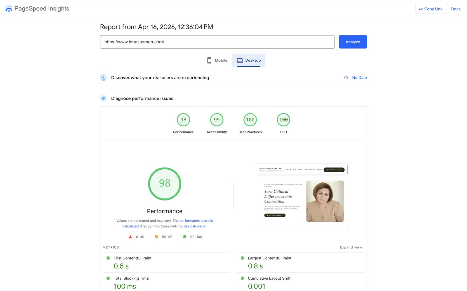 PageSpeed Insights report after the rebuild: desktop performance 98