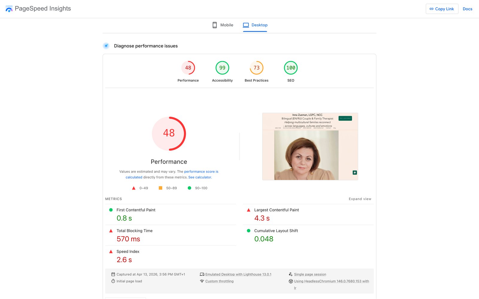 PageSpeed Insights report on the old homepage: desktop performance 48
